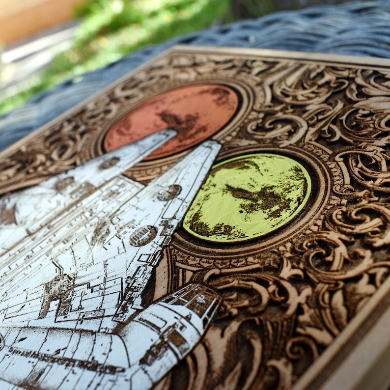 Intricate Wooden Art Panel Featuring Iconic Spaceship Design